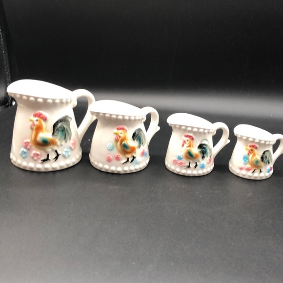 Vintage 4 Rooster Measuring Cups. Delicate ceramic Farmhouse style Decor Japan - Picture 2 of 8